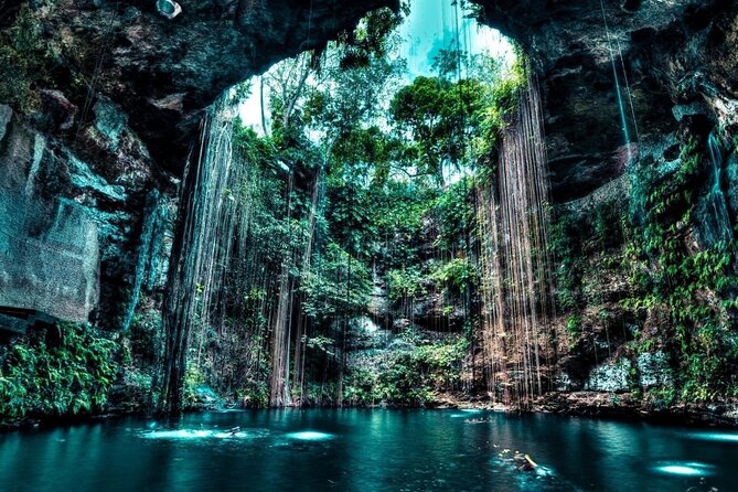 Cenote en Homún, Yucatán, con aguas cristalinas y raíces colgantes.