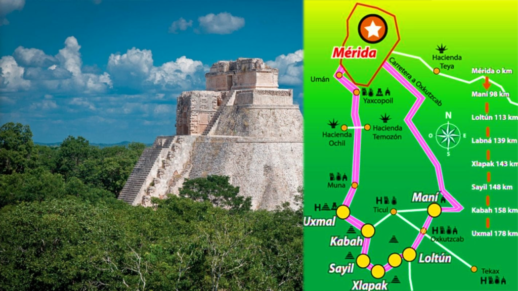 Mapa de la Ruta Puuc en Yucatán, con los sitios arqueológicos y haciendas.