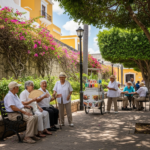 Grupo de adultos mayores reunidos en una plaza colonial de Mérida, conversando y disfrutando de un día soleado, rodeados de árboles en flor y arquitectura tradicional.