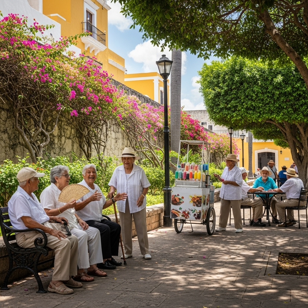 Grupo de adultos mayores reunidos en una plaza colonial de Mérida, conversando y disfrutando de un día soleado, rodeados de árboles en flor y arquitectura tradicional.