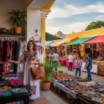 Mujer con vestido blanco bordado con flores de colores en la entrada de una boutique en Mérida, rodeada de prendas y accesorios artesanales, mientras al fondo se observa un mercado al aire libre con puestos de artesanías, textiles y cerámica bajo toldos coloridos.