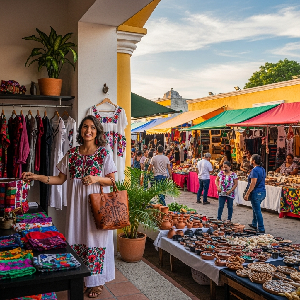Mujer con vestido blanco bordado con flores de colores en la entrada de una boutique en Mérida, rodeada de prendas y accesorios artesanales, mientras al fondo se observa un mercado al aire libre con puestos de artesanías, textiles y cerámica bajo toldos coloridos.