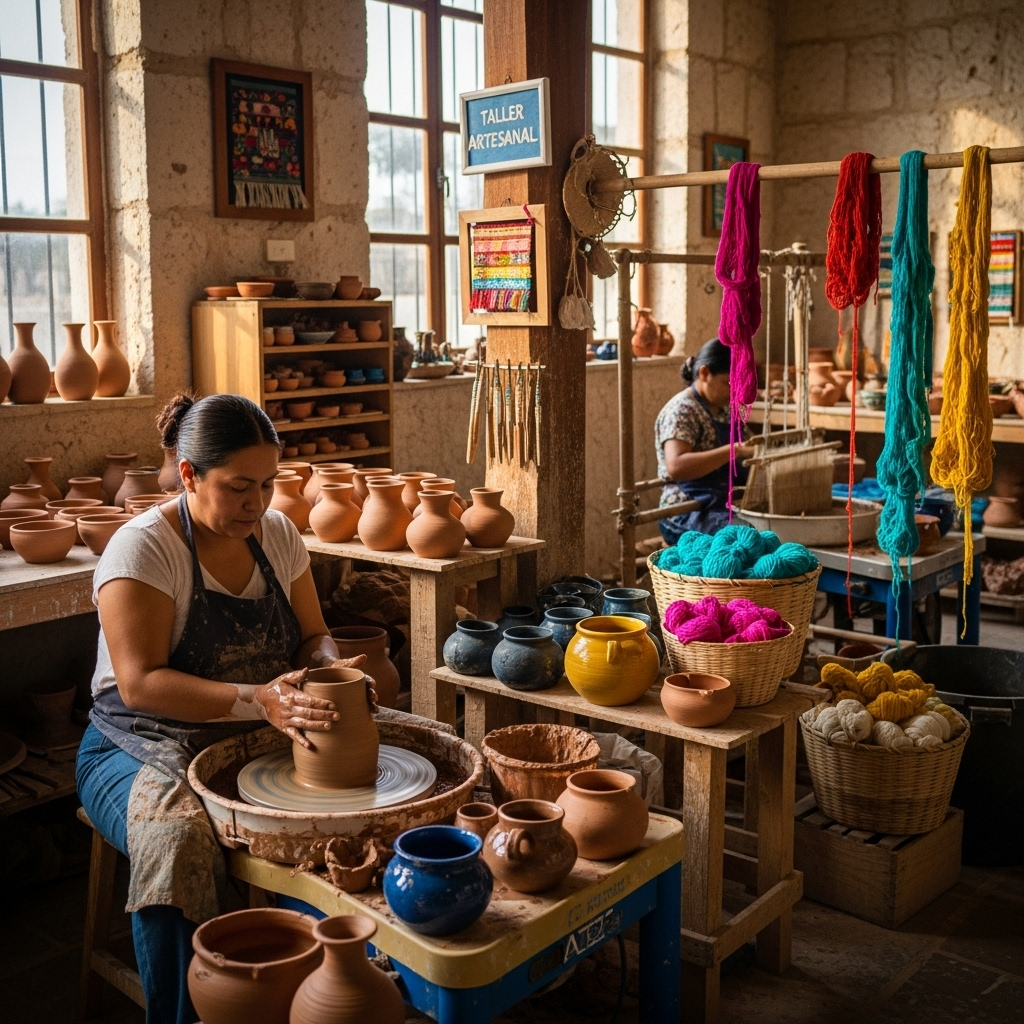 Taller artesanal en Mérida donde una mujer moldea barro en un torno de cerámica, rodeada de piezas terminadas y en proceso, mientras otra trabaja con hilos de colores vivos. El espacio rústico, con paredes de piedra y luz natural, refleja la tradición y creatividad de la cerámica y el tejido yucateco.
