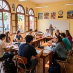 Aula luminosa en Mérida con estudiantes sentados alrededor de mesas rectangulares, participando en una clase de idiomas. El profesor, de pie junto a un pizarrón blanco, explica una lista de verbos reflexivos en español. Grandes ventanas arqueadas dejan entrar luz natural y muestran palmeras y edificios coloridos en el exterior.