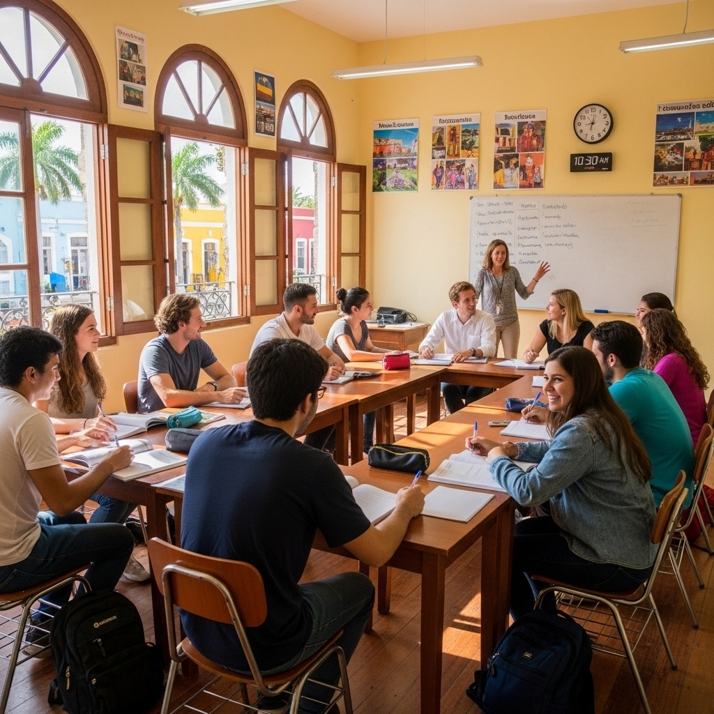Aula luminosa en Mérida con estudiantes sentados alrededor de mesas rectangulares, participando en una clase de idiomas. El profesor, de pie junto a un pizarrón blanco, explica una lista de verbos reflexivos en español. Grandes ventanas arqueadas dejan entrar luz natural y muestran palmeras y edificios coloridos en el exterior.