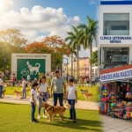 Familia con niños y su perro disfrutando del Parque de las Mascotas en Mérida, junto a áreas de juego canino, clínica veterinaria y tienda de accesorios para mascotas.