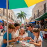 Familia con tres hijos pintando figuras de cerámica de colores en un mercado al aire libre de Mérida, rodeados de puestos artesanales y edificios coloniales.