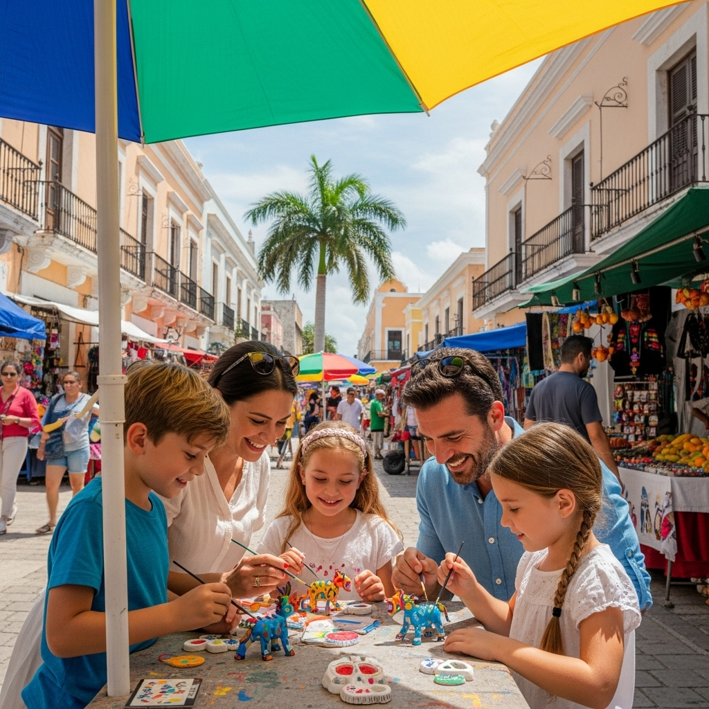 Familia con tres hijos pintando figuras de cerámica de colores en un mercado al aire libre de Mérida, rodeados de puestos artesanales y edificios coloniales.