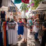 Mercado al aire libre en Mérida con puestos de ropa artesanal y joyería hecha a mano, bajo toldos blancos. Se exhiben vestidos tradicionales bordados con flores de colores y letreros que dicen “Ropa Artesanal” y “Hecho a Mano”. Visitantes recorren los pasillos, algunos con huipiles, en un ambiente soleado con palmeras y bugambilias al fondo.