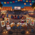 Escena nocturna en una plaza de Mérida iluminada con luces y faroles, con músicos tocando trova en vivo, pinturas florales en exhibición y proyección de cine al aire libre, rodeada de artesanías y público disfrutando un festival cultural.