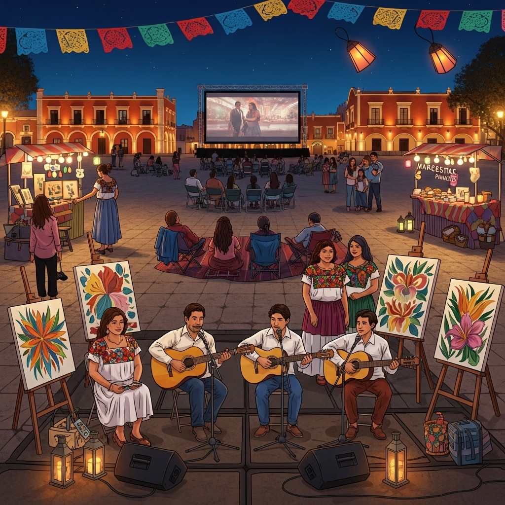 Escena nocturna en una plaza de Mérida iluminada con luces y faroles, con músicos tocando trova en vivo, pinturas florales en exhibición y proyección de cine al aire libre, rodeada de artesanías y público disfrutando un festival cultural.